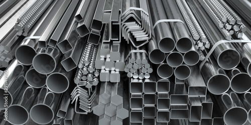 Different metal rolled products. Stainless steel profiles and tubes. in warehouse background.