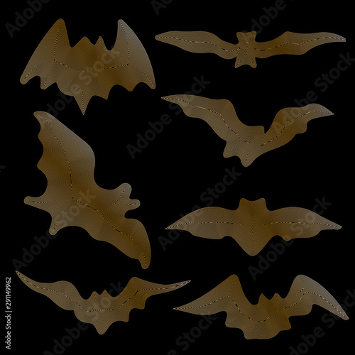 Bats silhouette set, golden lines on black background, vector illustration, eps 10