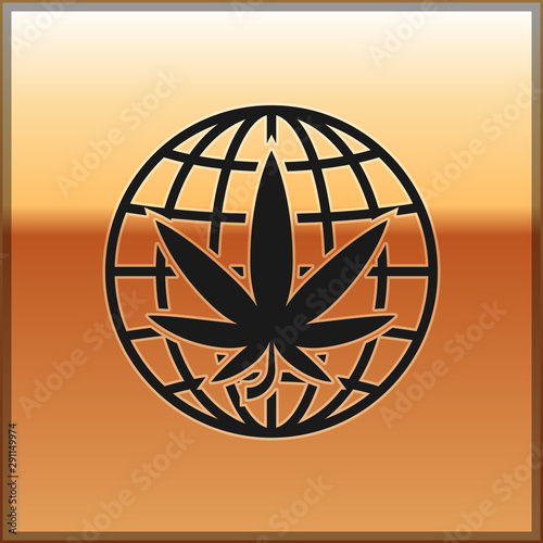 Black Legalize marijuana or cannabis globe symbol icon isolated on gold background. Hemp symbol. Vector Illustration