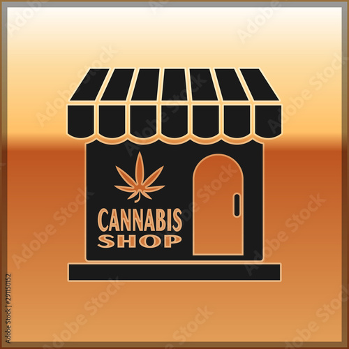 Black Marijuana and cannabis store icon isolated on gold background. Equipment and accessories for smoking, storing medical cannabis. Vector Illustration