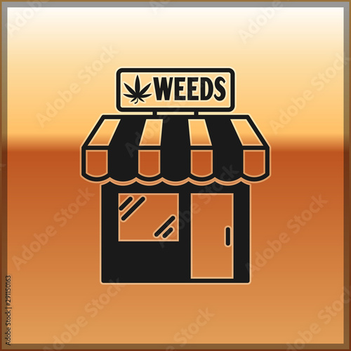 Black Marijuana and cannabis store icon isolated on gold background. Equipment and accessories for smoking, storing medical cannabis. Vector Illustration