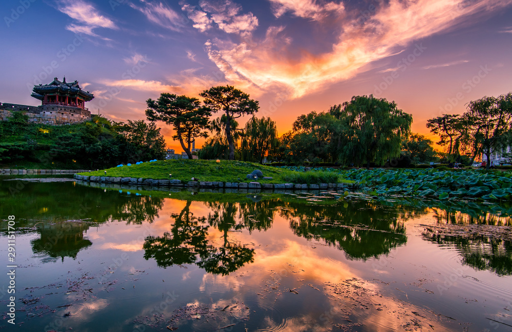skyline sunset at hwaseong fortress at suwon south korea