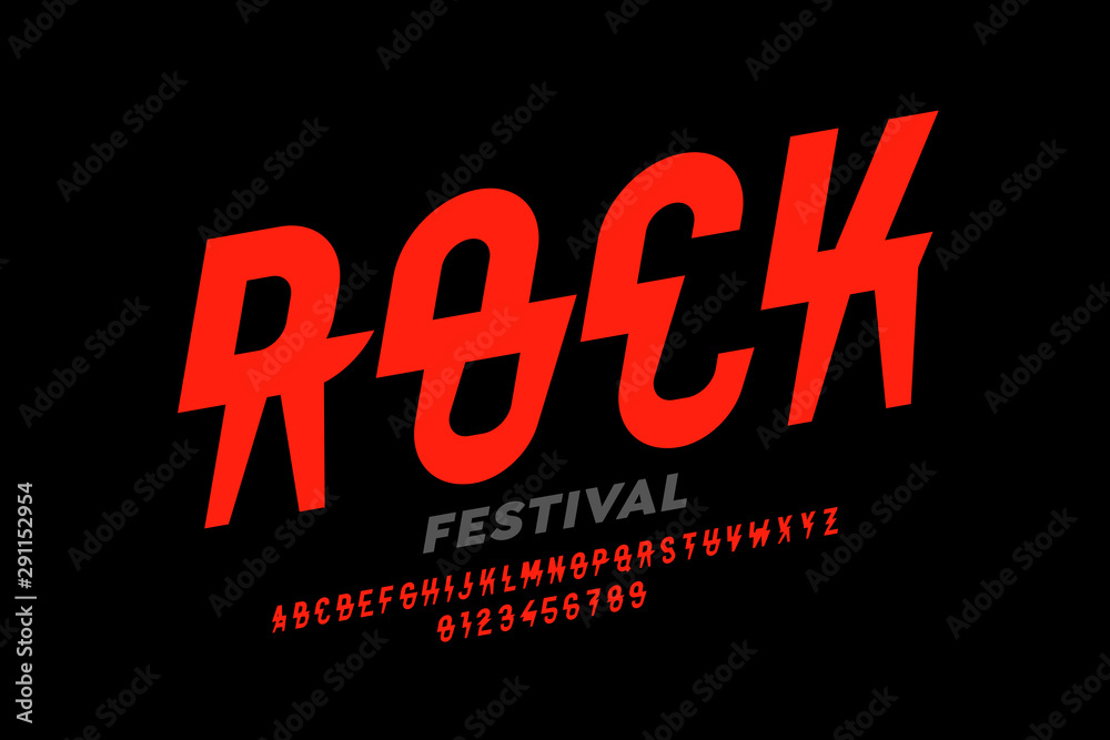 Rock music festival style font design, alphabet letters and numbers