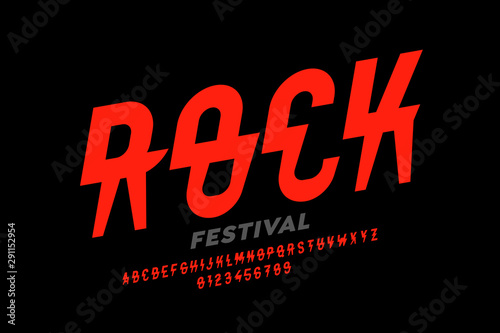 Rock music festival style font design, alphabet letters and numbers