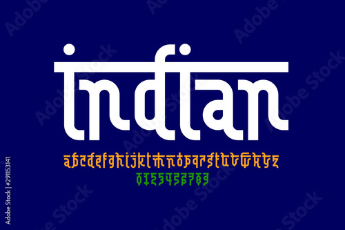 Indian style Latin font design, Devanagari inspared alphabet, letters and numbers