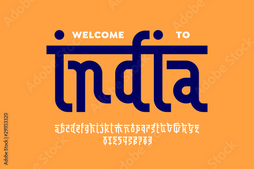 Indian style Latin font design, Devanagari inspared alphabet, letters and numbers