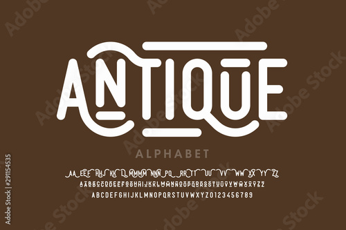 Antique style font, alphabet letters with alternates and numbers