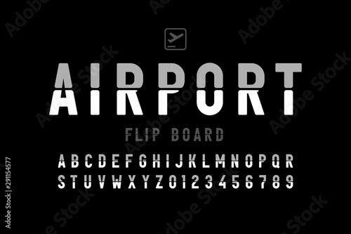 Airport flip board panel style font design, alphabet letters and numbers