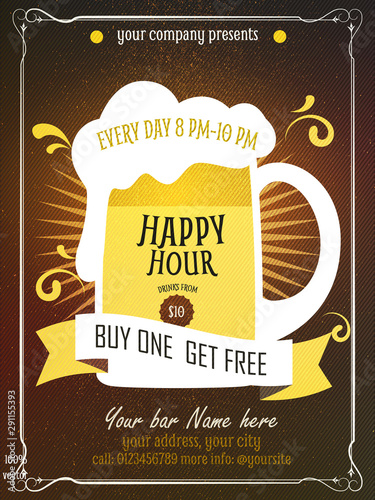 Happy Hour offer flyer template. Free beer. Vintage discount invitation card template & advertising for web, poster, flyer, invitation to party. Eps 10. To see similar, please VISIT MY PORTFOLIO.