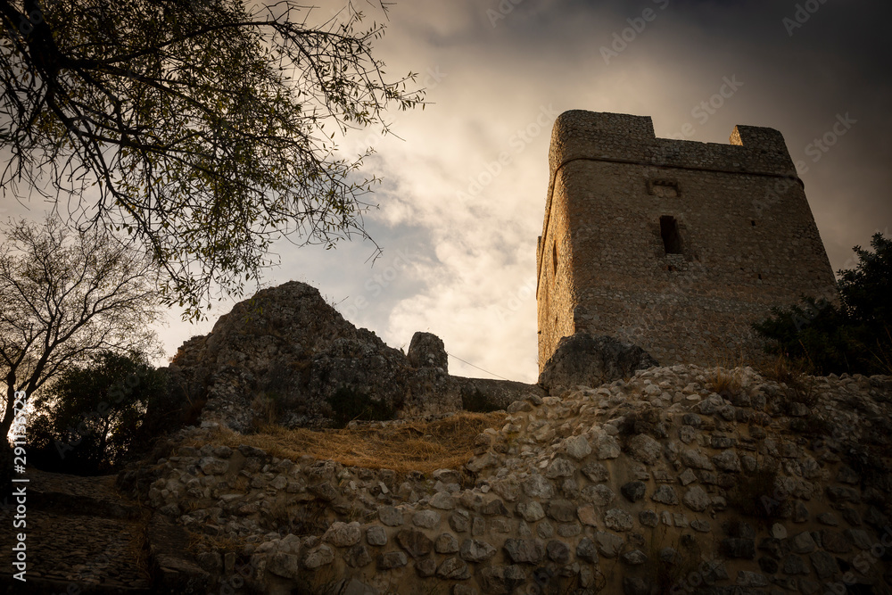 Castle of Zahara de la Sierra at sunset, province of Cadiz, Andalusia, Spain