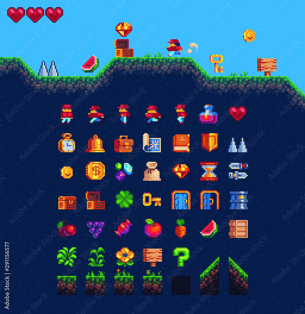 2d Platformer set for pixel art style game, isolated vector. 8 Bit cartoon  game background, mobile game assets. Adventure arcade quest gameplay scene  with ground, grass, sky, coin, hearts, character. Stock Vector |