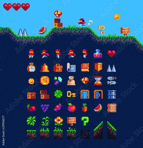 2d Platformer set for pixel art style game, isolated vector. 8 Bit  cartoon game background, mobile game assets. Adventure arcade quest gameplay scene with ground, grass, sky, coin, hearts, character.