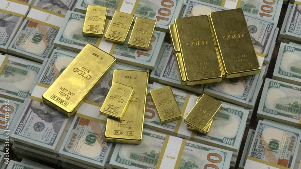 Gold of different weight categories lies on new-style banknotes. Accounting. Credit and Deposit financial operations. 3d animation 4k Ultra HD 3840x2160. Gold of different weight categories lies on new-style banknotes. Accounting. Credit and Deposit financial operations. 3d animation 4k Ultra HD 3840x2160.