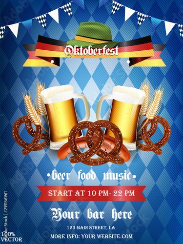 Oktoberfest beer festival celebration retro typography poster or flyer Eps 10 template with pretzel, sausage, beer on traditional blue pattern background.