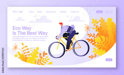 Concept of landing page on ecology, environmentally friendly transport and healthy, active lifestyle theme. Businessman ride on bicycle to work. Illustration for mobile website development, homepage.