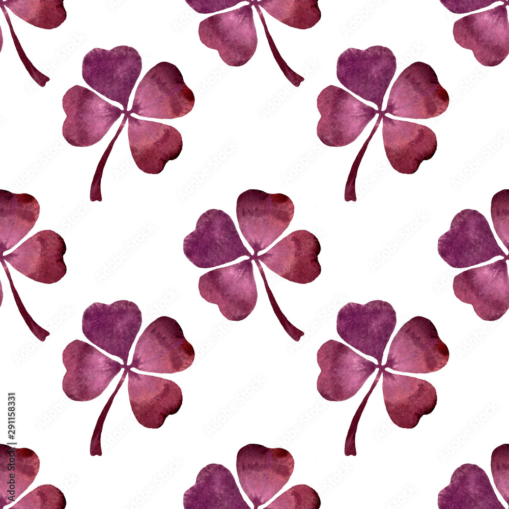 Seamless pattern with purple clover leaves isolated on white background, four-leaf clover, good luck symbol