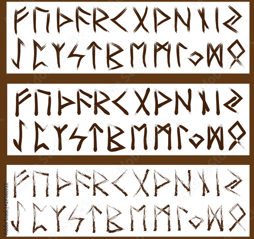 Scandinavian set three brown brush alphabet runes.