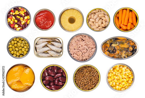Bild auf Leinwand Canned food isolated on white background, top view