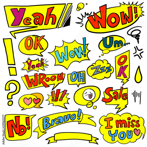 Drawing bubble speech with various words  comic or cartoon style. Hand draw customize text for special dialogue conversations. Vector illustration with layers.