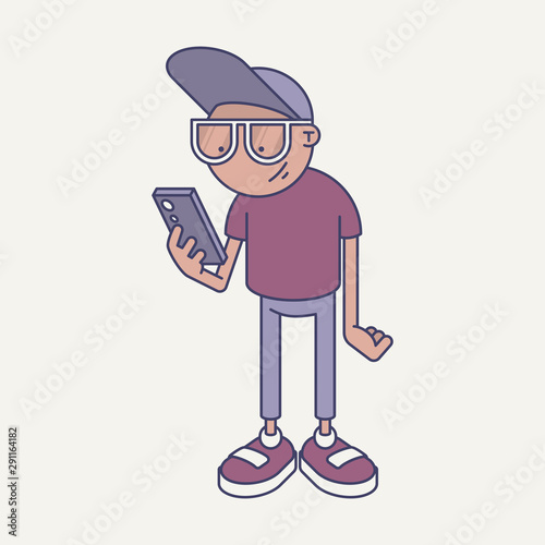 Cartoon nerd dude in baseball cap and glasses standing and watch to the phone in his hand