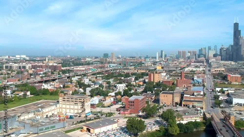 Chicago,Illinois/USA-September 19st, 2019: aerial drone footage of the Chicago metropolitan downtown area near Chinatown.  a beautiful skyline on display as the Chicago river outline the scene photo