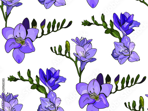 Seamless floral decorative pattern with violet purple Freesia flowers on white background. Endless spring texture for your design, fabrics, decor, print.