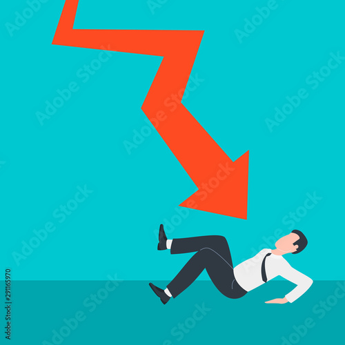 The businessman went bankrupt. Depreciation, economic downturn, investment risk, currency price. Vector illustration.