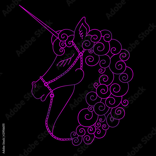 Unicorn icon design, outline unicorn on white background. Cute fantasy unicorn icon vector illustration design. Unicorn on black. Portrait of cute unicorn. Purple fantasy animal with horn. Side view.
