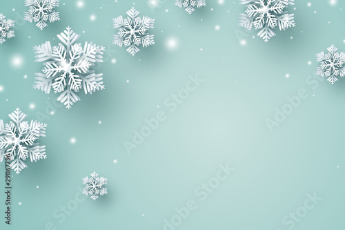 Christmas background design of snowflake and snow falling in the winter with copy space vector illustration