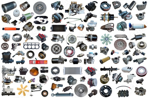 Auto spare parts car on the white background. Set with many isolated items for shop or aftermarket photo