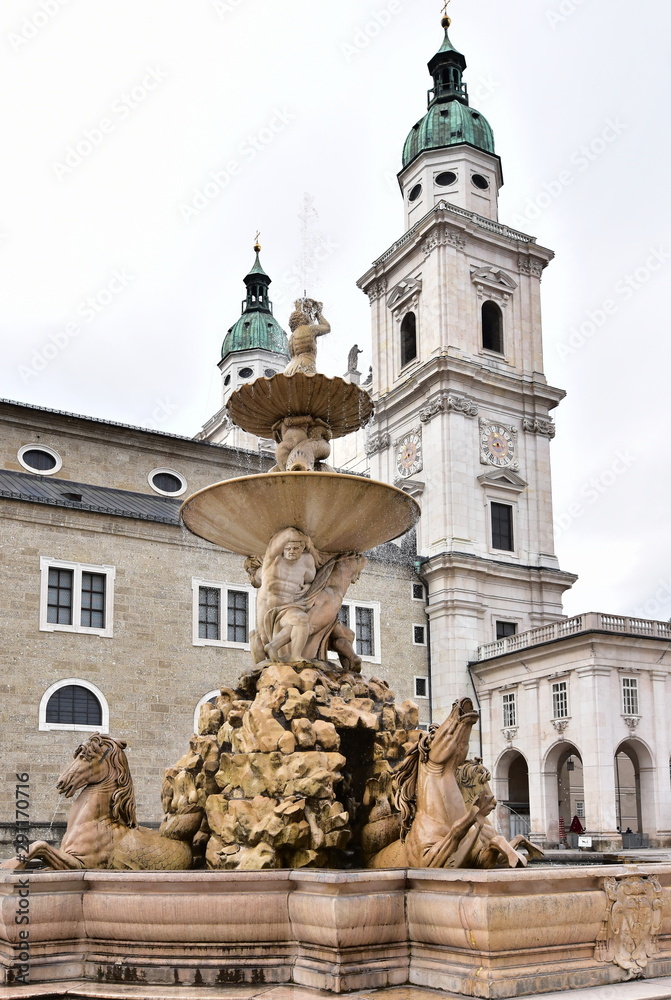 Salzbur,Austria- Residenz Fountain (German Residenzbrunnen), built between 1656 to 1661
