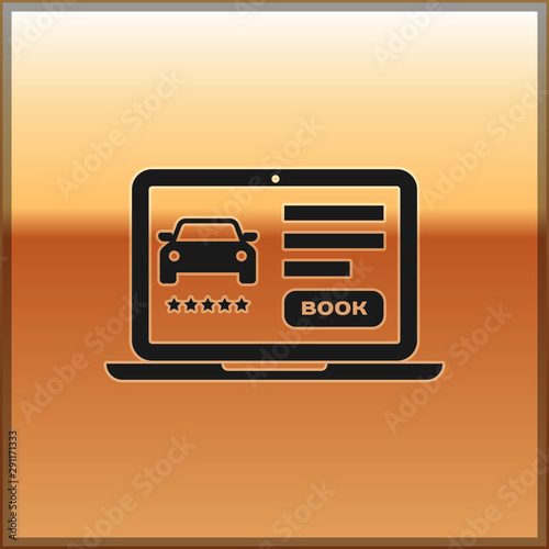 Black Online car sharing icon isolated on gold background. Online rental car service. Online booking design concept for laptop. Vector Illustration