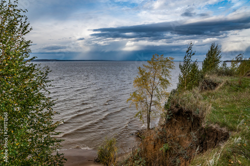 nature  landscape  beauty  early  autumn  cloudy  day  sky  clouds  space  distance  horizon  river  water  shore  cliff  trees  birch  grove  grass  path  bad weather  bad weather  element  wind  res