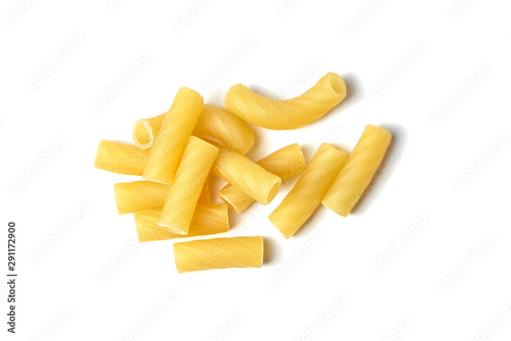 Tortiglioni italian pasta isolated on white background. Short pasta with ribbed surface and straight cut Tortiglioni italian pasta isolated on white background. Short pasta with ribbed surface and straight cut