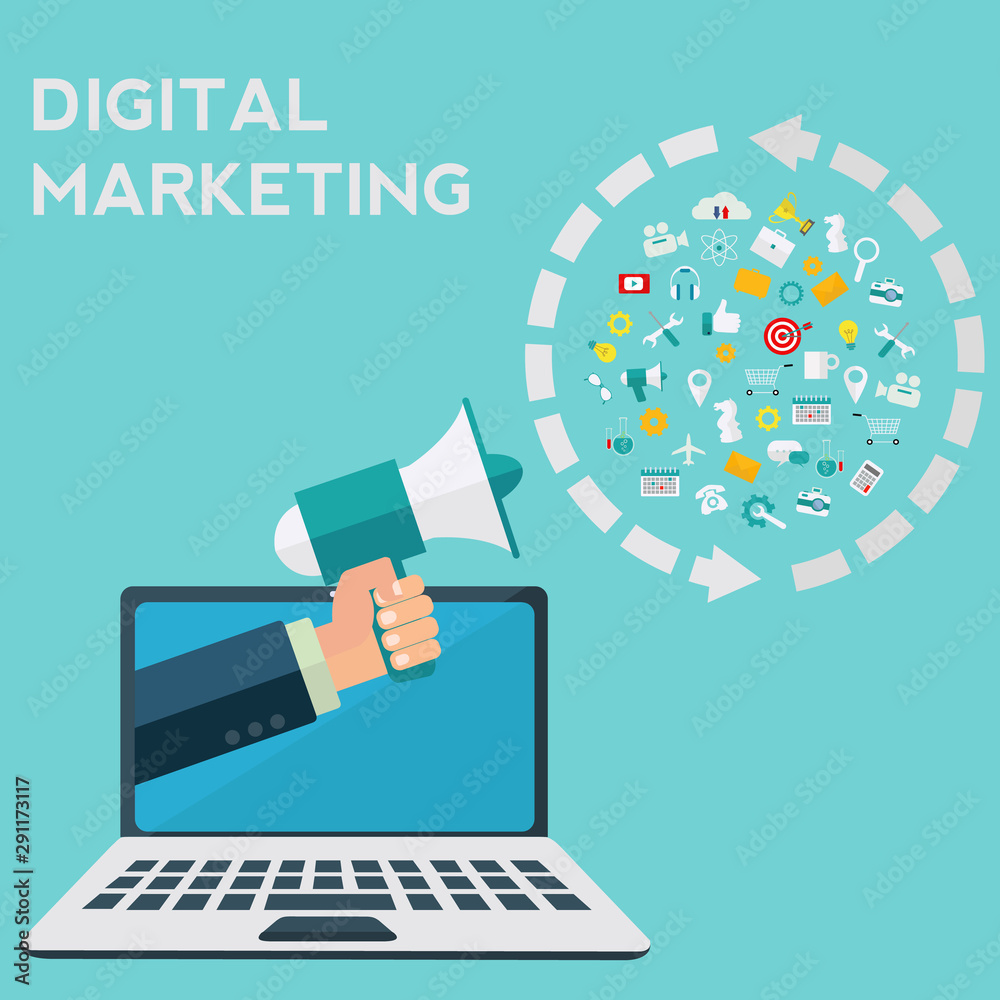 Hand holding megaphone coming out from laptop, digital marketing vector concept Hand holding megaphone coming out from laptop, digital marketing vector concept