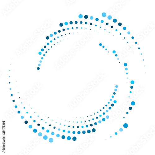 Dotted, dots, speckles abstract concentric circle. Spiral, swirl, twirl element.Circular and radial lines volute, helix.Segmented circle with rotation.Radiating arc lines.Cochlear, vortex illustration