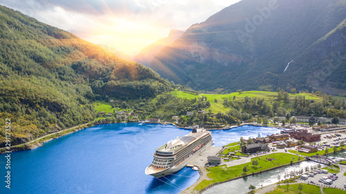 End of the famous Geiranger fjord, Norway with cruise ship