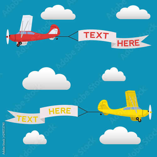 Airplane pulling banner with text, aerial advertising vector illustration