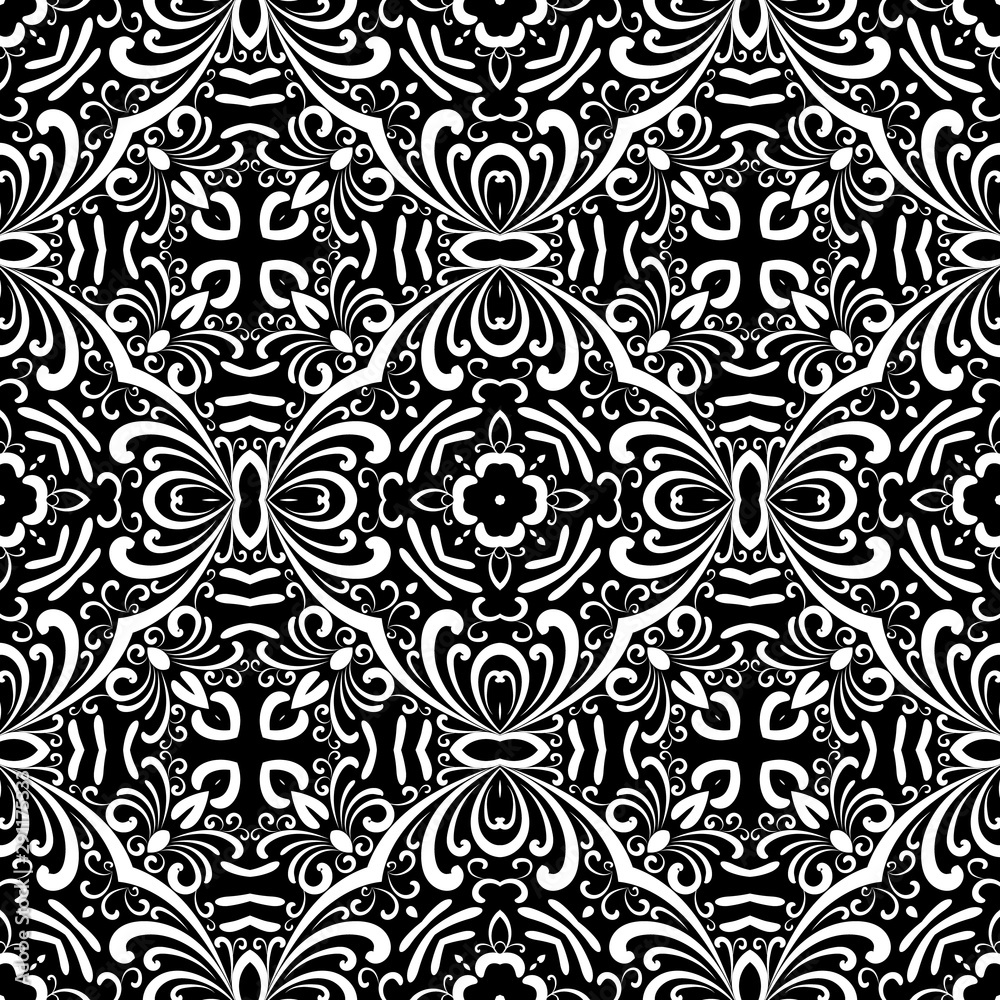 Black and white intricate floral vector seamless pattern. Ornamental arabesque background. Monochrome repeat Damask backdrop. Ethnic style patterned design with vintage ornament. Hand drawn flowers.