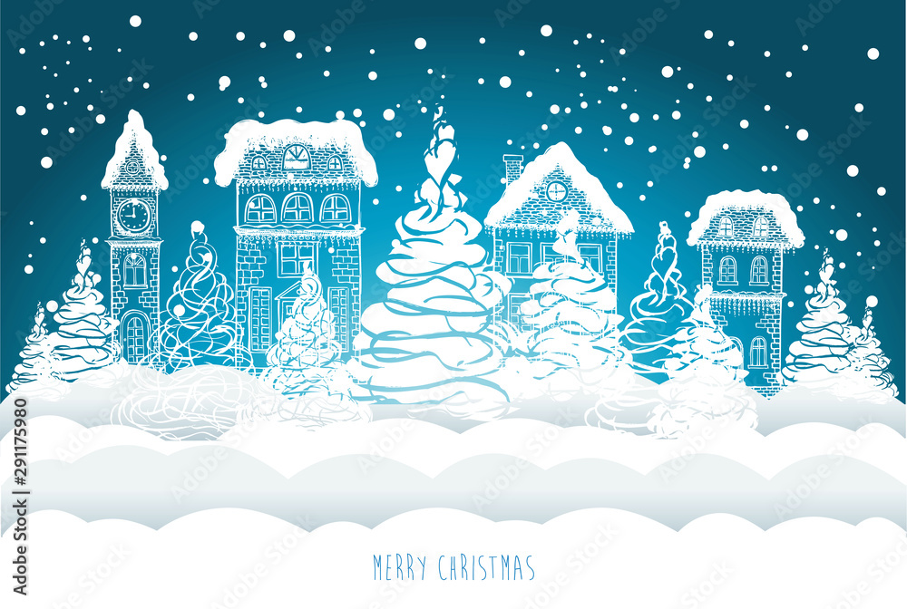 Illustration of houses. Christmas Greeting card. Hand drawn illustration.