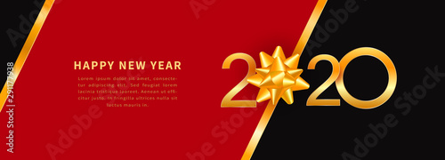 Happy New Year 2020 greeting card text design with shiny gold numbers and golden ribbon gift bow on black background. Holiday banner, poster, voucher, coupon or new year greeting card template
