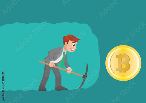 businessman digging and mining to find bitcoin.