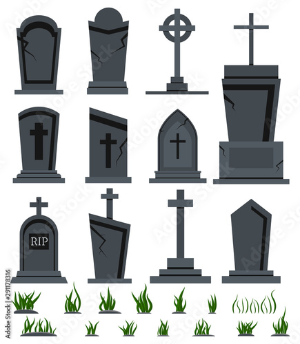 RIP grave tombstone set with green grass for halloween design isolated on white background Vector flat illustration.
