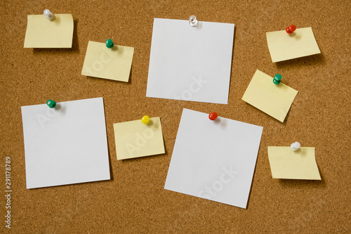 Note paper sheets pinned to a cork board with push pins. Office style design.