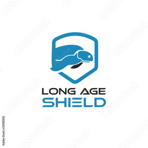 Animal logo design with sea turtle illustration in blue badge shield for water saver activity