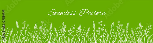 green seamless pattern with wild herbs and flowers