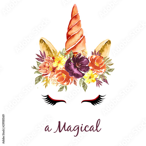 cute unicorn head with watercolor floral loose crown