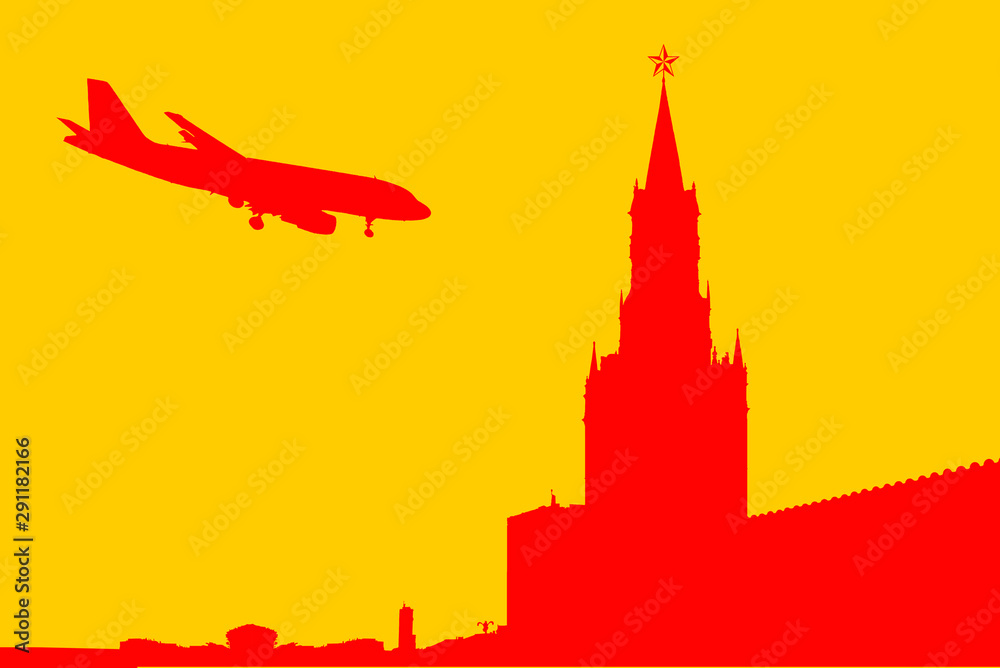 Red plane flying over the city of Moscow on a yellow sky background.