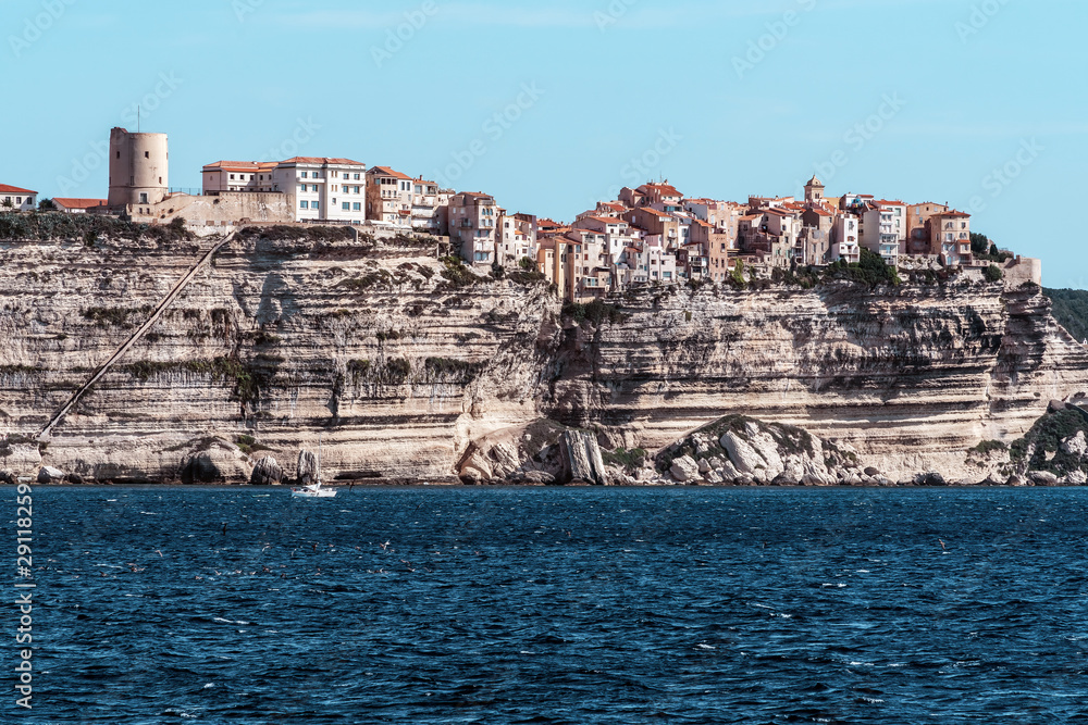 City of Bonifacio, Corsica, France, viewed out of the ferry approaching a harbor.