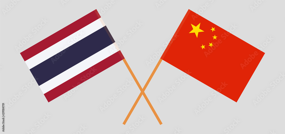 Thailand and China. Crossed Thai and Chinese flags